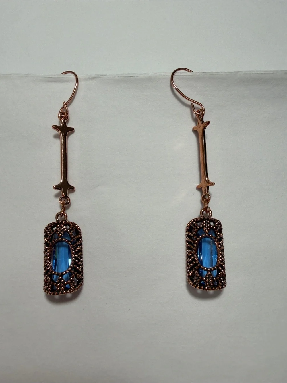 Blue Crystal Drop Earrings in Rose Gold Tone